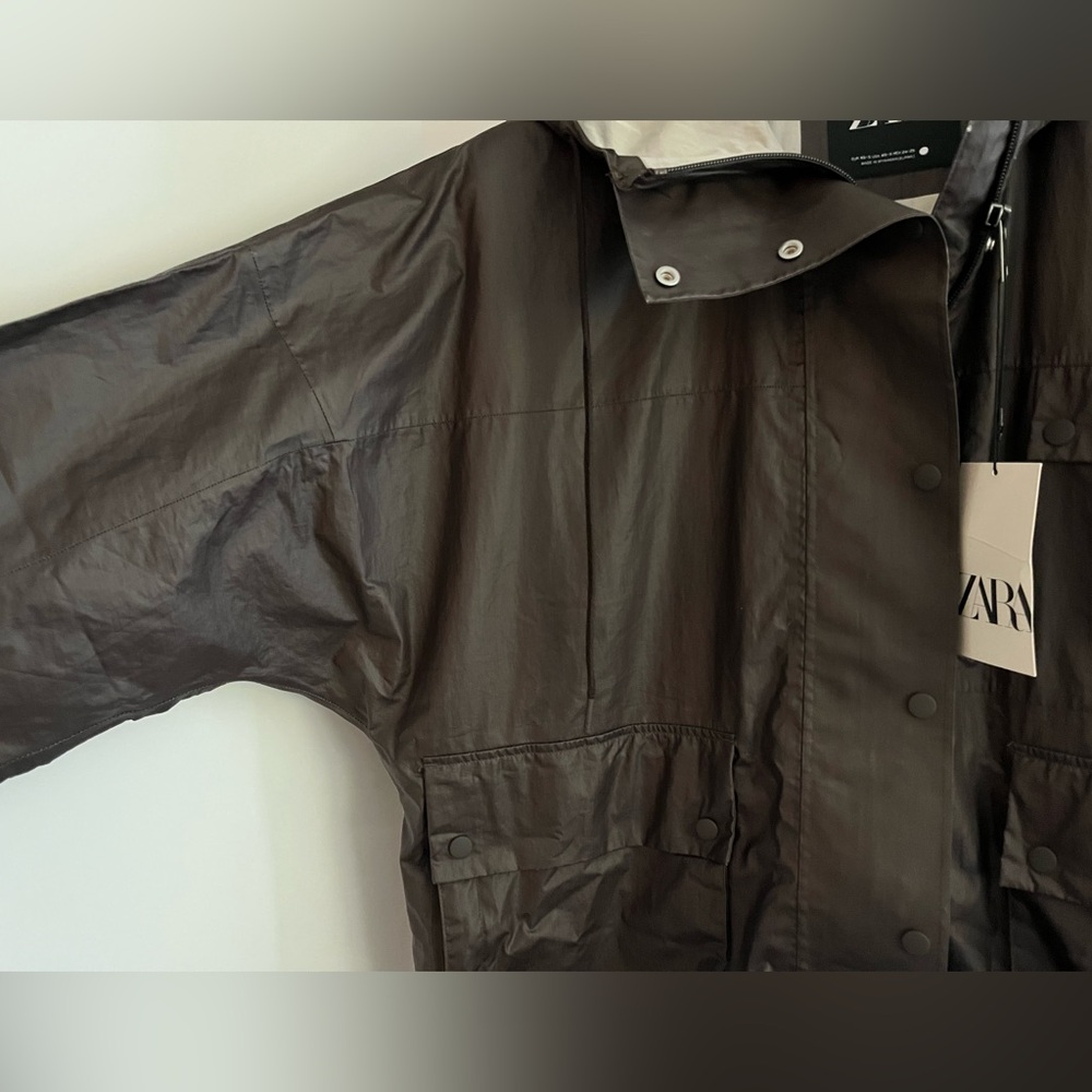 Zara Water&WindProof Unlined Coated Canvas Hooded Oversized Long Trench - Picture 9 of 16